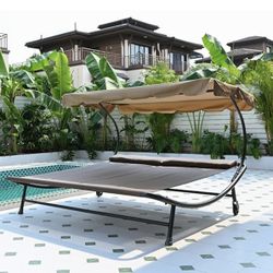 Double Chaise Lounge Bed with Adjustable Canopy and Pillow and Wheels