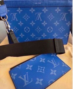 Authentic LOUIS VUITTON Gaston Wearable Wallet Blue Monogram Canvas Shoulder