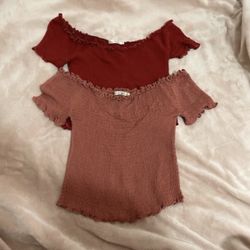 Off The Shoulder Smocked Ruffled Cropped Tops Red Pink Mauve Crop Bundle