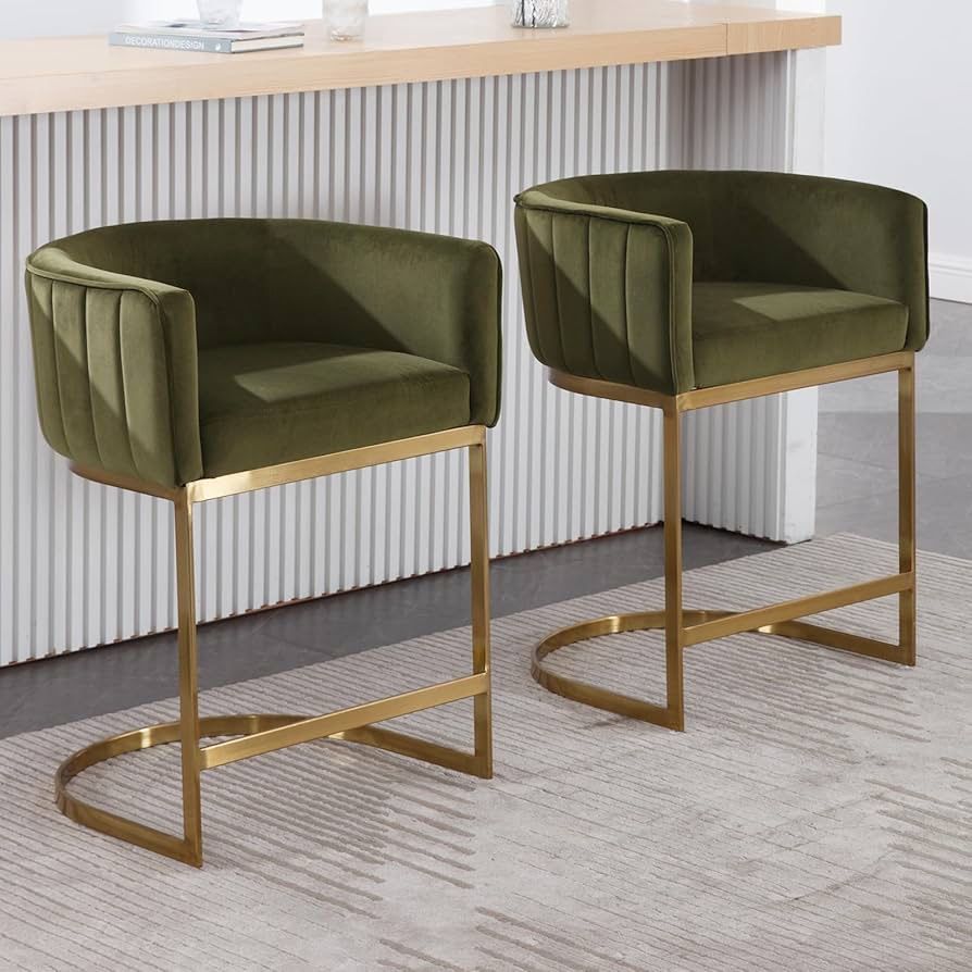 219d Modern Counter Height Bar Stools Set of 2, Velvet Upholstered Stool with Gold Metal Frame, 24 Inch Kitchen Island Stool for Home Bar &Dining Room
