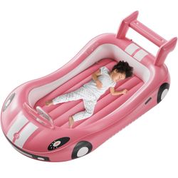 QPAU Inflatable Kids Bed, Toddler Travel Bed with Sides, for Camping, Traveling, Hotel, or Home Use, Hand Pump Included (Pink)