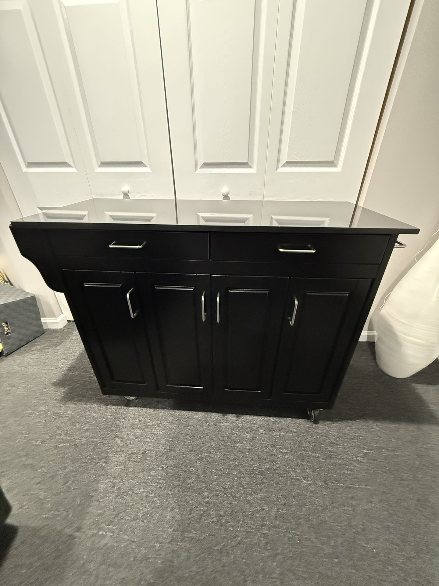 Kitchen Cart Black On Wheels Stone Top