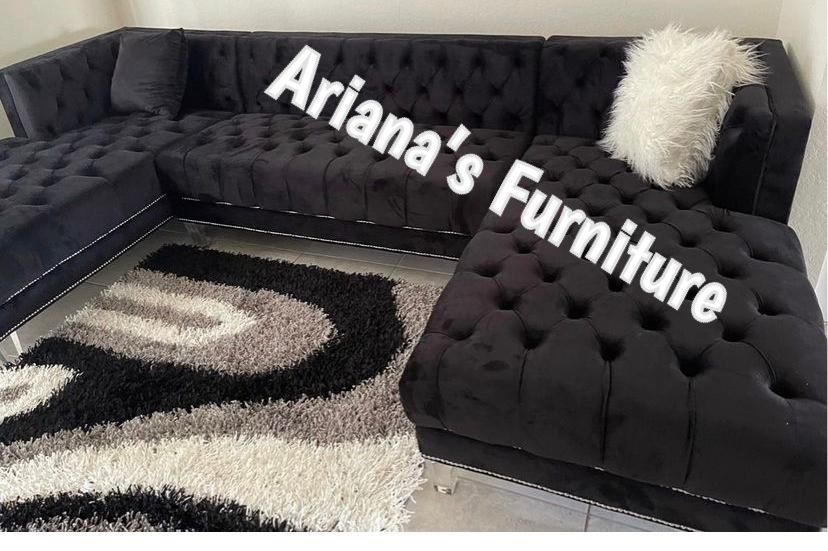 New Black Velvet Sectional Double Chaise 125x69