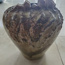 Heavy Glazed Clay Vase With Small Houses On Rim 