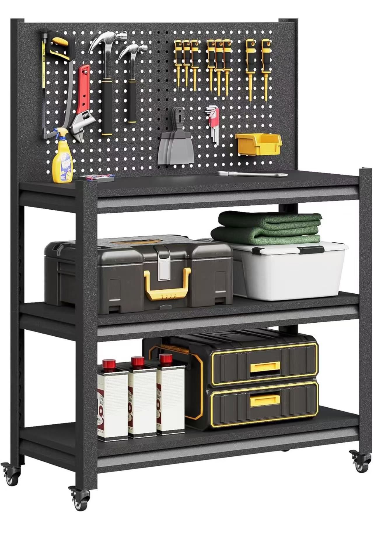 ❤️ Workbench with Pegboard, Adjustable Heavy Duty Work Table with Wheels, Heavy Duty Workstation, Metal Tool Work Bench for Garage Warehouse Workshop,