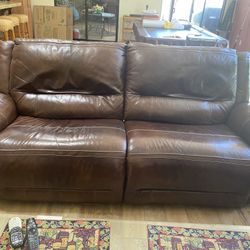 Brown Leather Recliner Sofa, Chair, Glass Table and End Table