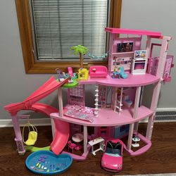 LIKE NEW BARBIE DREAMHOUSE WITH ALL PIECES PLUS BARBIE CAR 