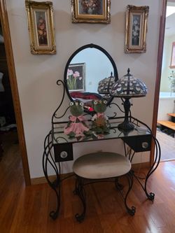 Wrought Iron Vanity Table with Mirror and Stool
