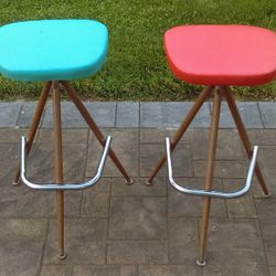 Rare Vintage Mid-Century Modern Pair Vinyl Tripod Stools