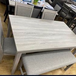 ✅️✅️ 6 pc light finish wood  dining table set padded seat chairs and bench ✅️✅️