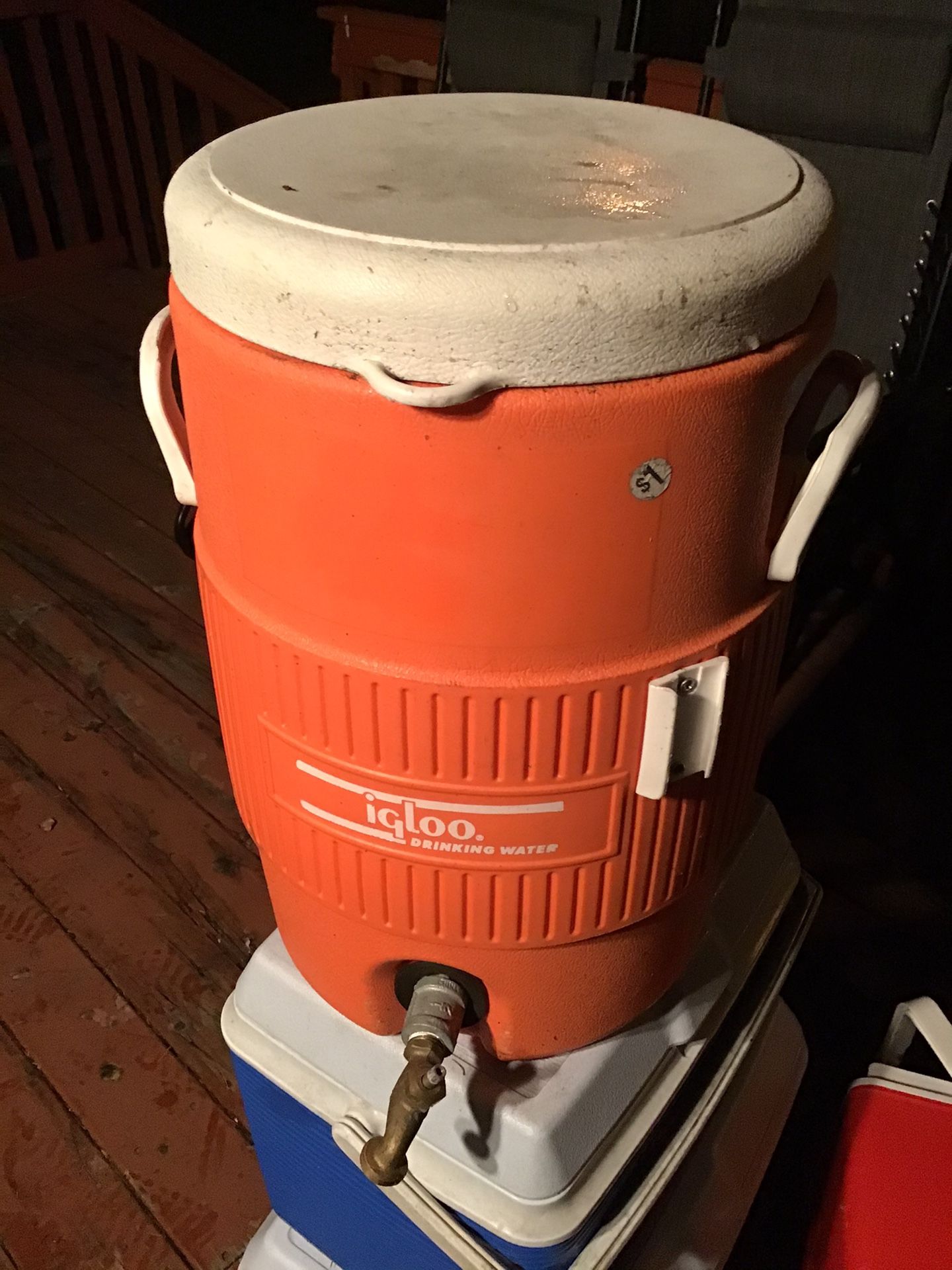 Igloo water cooler with spigot. Can be used for drinks or as a approved hot hand wash station for events that require Health Inspection Permit $20