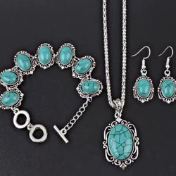 3pcs Women's Vintage Turquoise Bracelet Necklace Earrings Set, Healing Stone Decoration