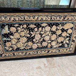 Elegant Framed Embroidered Wall Art – Gold Floral Design (Large Statement Piece)