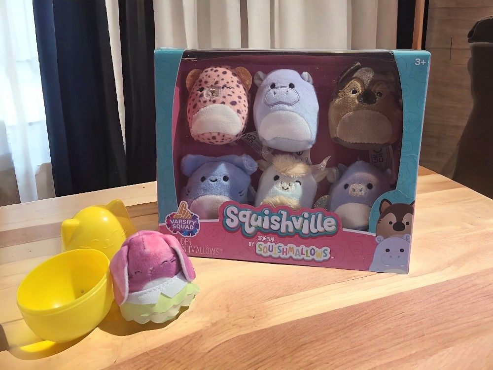 Squishmallows Bunny Rabbit Alejandra Mystery Mini Squishville Plush Stuffed Toy new but opened & Squishmallows Squishville 6 Pack Varsity Squad 2 "