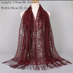 Floral Lace Scarf Shawl With Tassels, Soft Mesh Fringe Wraps Shawl 