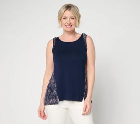LOGO Layers by Lori Goldstein Printed Detail Ruffle Trim Tank Ink, Size Small