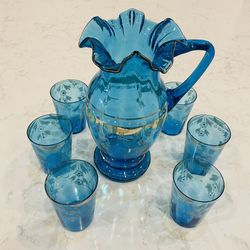 Victorian Blue Glass Pitcher & Glasses