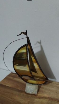 SIGNED - VINTAGE BRASS / ONIX SAILBOAT SCULPTURE 9.5"×6"