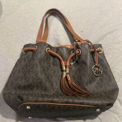 Michael Kors Brown /Tan Signature Logo Leather Large Bag 