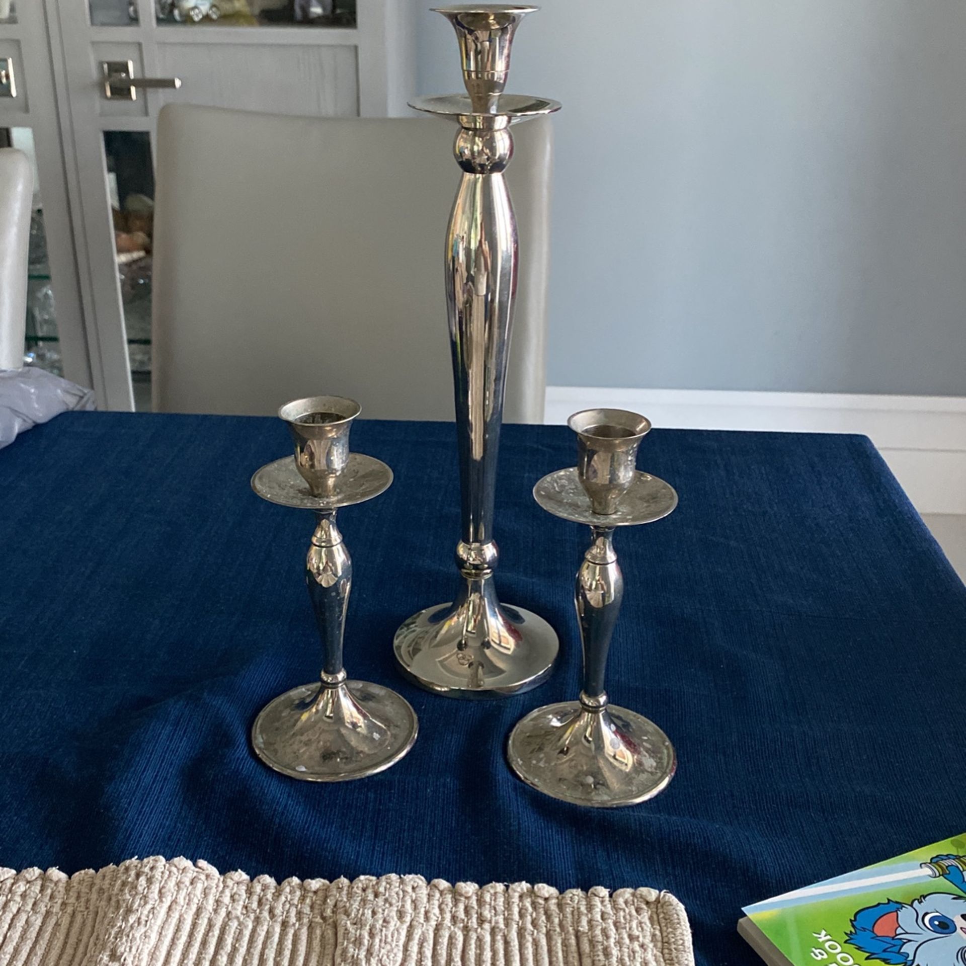Beautiful 3 Piece Set Silver Tone Candlestick Holders