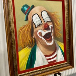 Vintage 1960’s wood framed oil on canvas “happy circus clown” painting by Merle Lawson