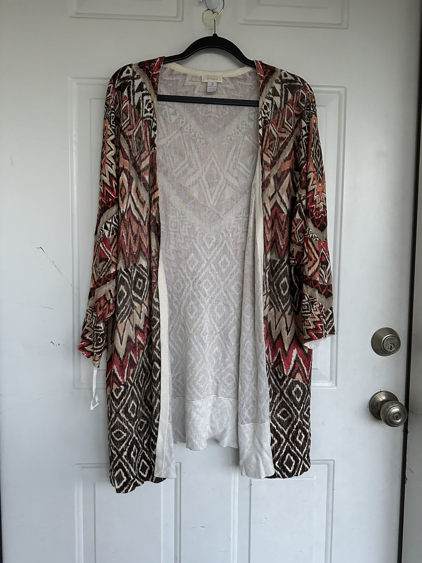Chico's Women's Tribal Aztec Print Longline Open Front Cardigan Sweater Size 3