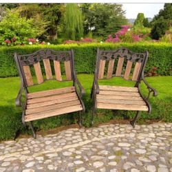 Vintage pair of Victorian Garden Cast Iron and wood bench style chairs 24 W x 22 D x 32 H seat@17 