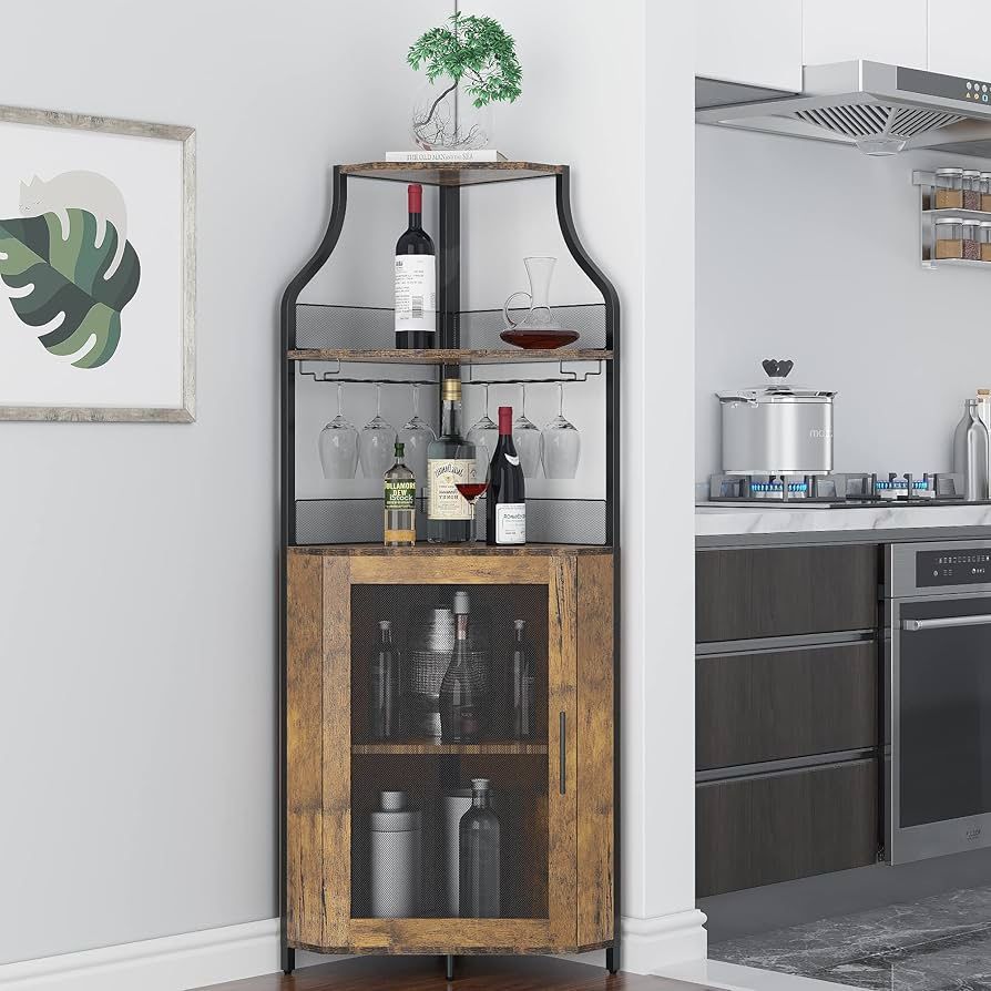 New Wine Bar, Corner Wine Bar Rack Cabinet With Detachable Wine Rack, Home Bar Cabinet With Barn Door And Adjustable Shelf, Wine Bar Cabinet And Buffe