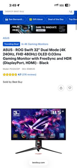 ASUS - ROG Swift 32" Dual Mode (4K 240Hz, FHD 480Hz) OLED 0.03ms Gaming Monitor with FreeSync