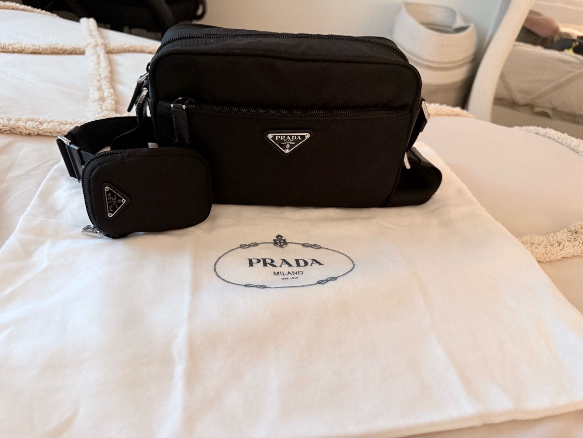Prada Re-Nylon Shoulder Bag Black 1BC167 Triangle Logo w/ Pouch Authentic