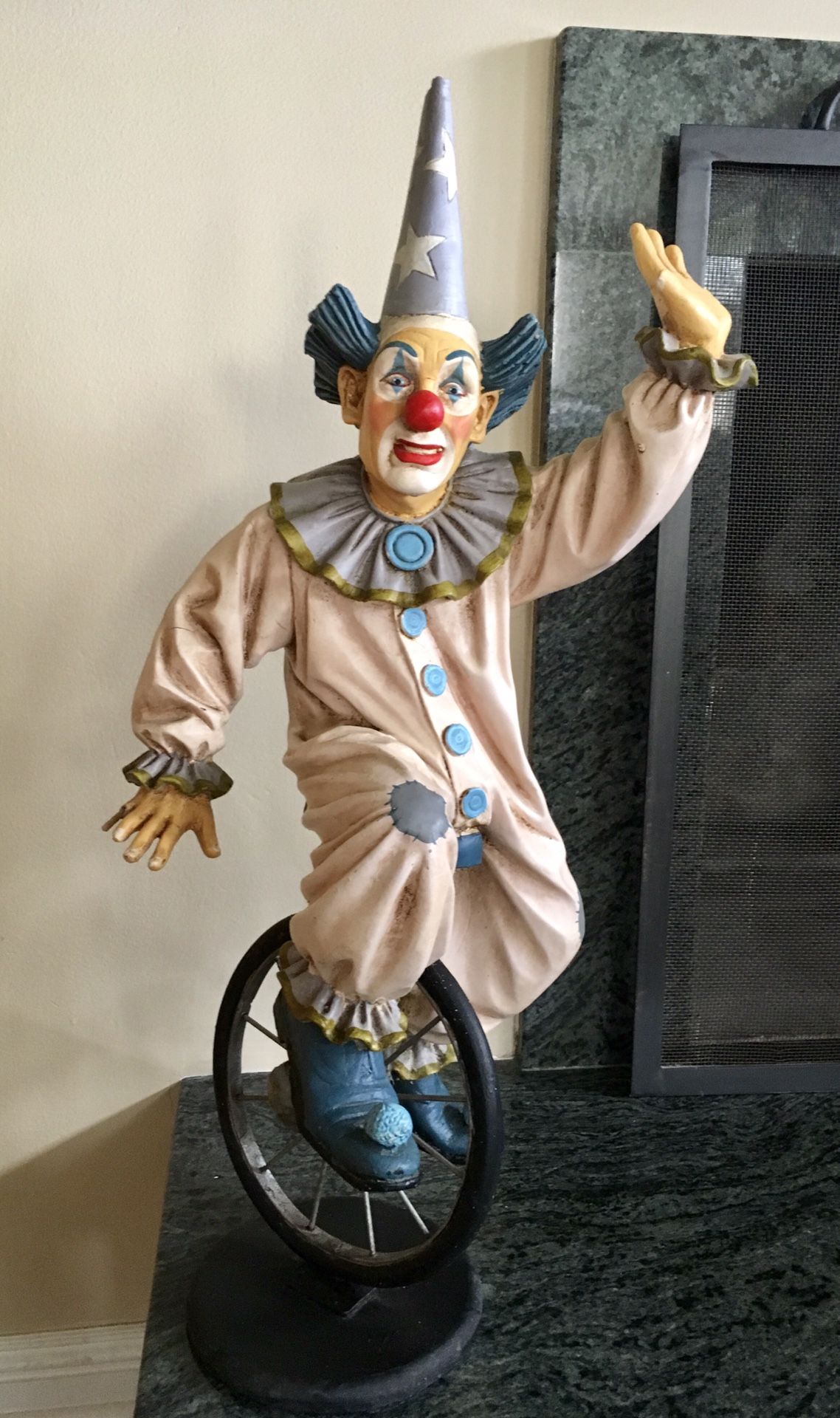 Vintage 1956 Clown Riding Unicycle 30" Sculpture Signed Jun Asilo