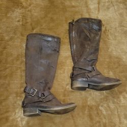 WOMENS MADDEN GIRL BOOTS BROWN WITH ZIPPER AND BUCKLES SIZE 6