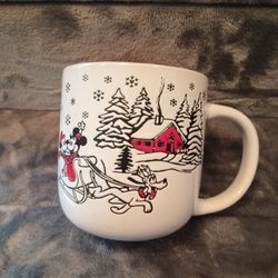 Disney Mickey Minnie Mouse Pluto Sleigh Ride Winter Scene Holiday Coffee Mug