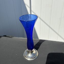 Blue Glass Vase with Silver Base 