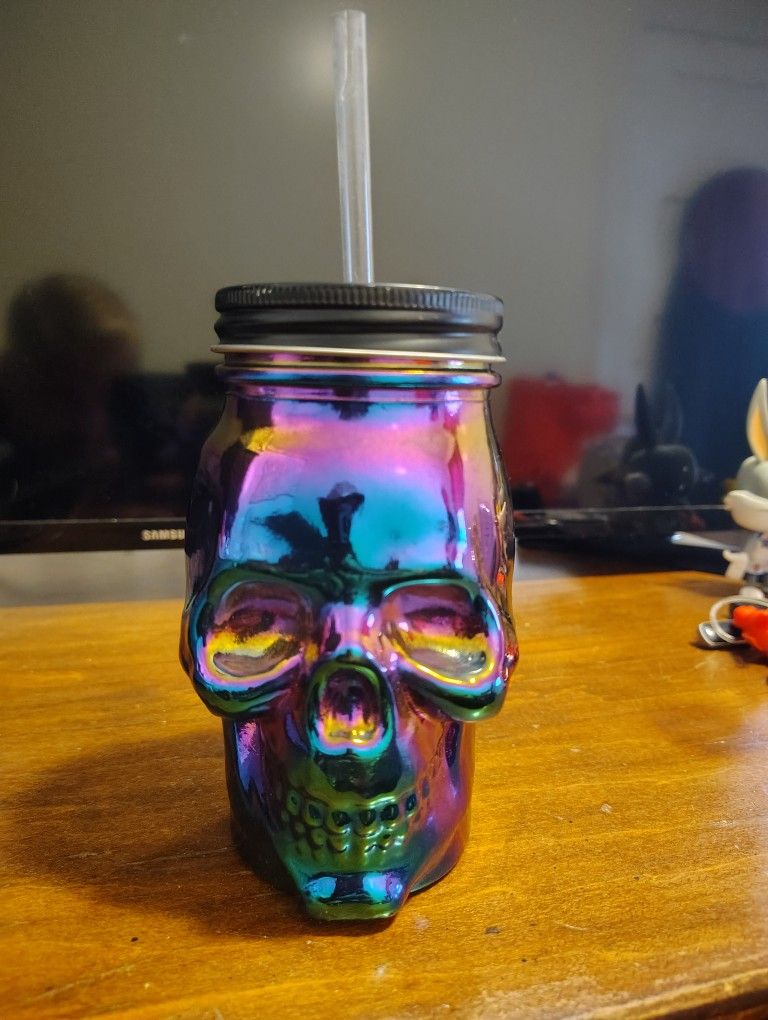 Rainbow Holographic Iridescent Glass Skull Sipper Mason Jar with Lid and Straw