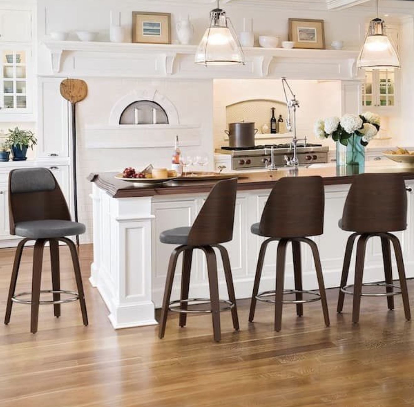 26 in. Gray Faux Leather Swivel Bar Stool Solid Wood Walnut Frame Counter Height Bar Stool (Set of 4)