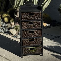 Cute 5 Tier Wood Cabinet with Ratan Drawers (Silver Lake)