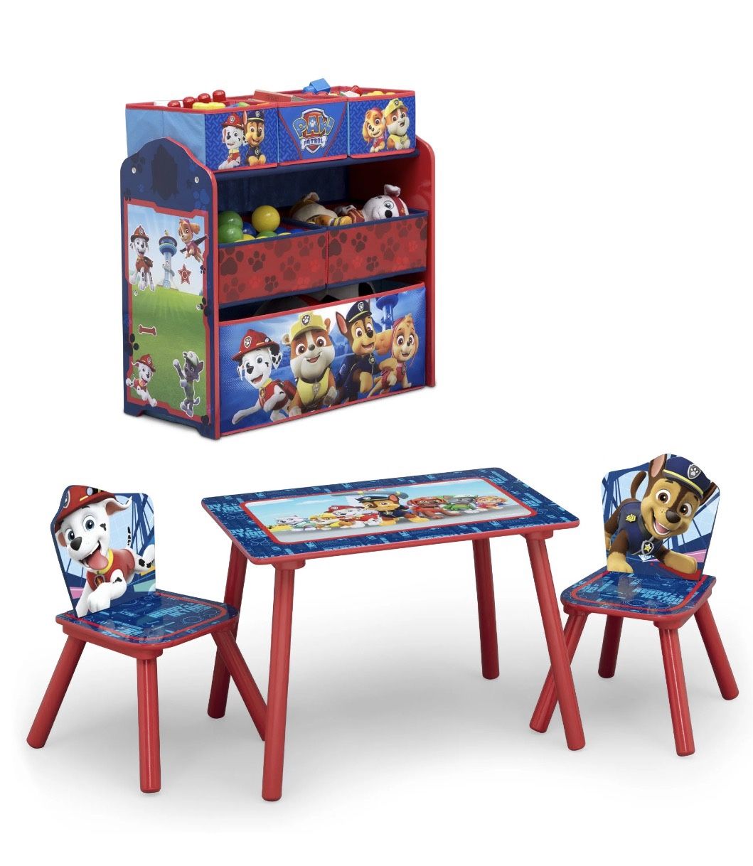 Paw Patrol 4-Piece Toddler Playroom Set – Includes Table, 2 Chairs & Toy Bin, Blue