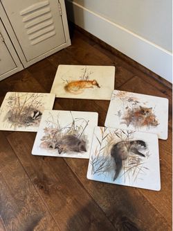 Set of 5 Vintage Wildlife Lady Clare Watercolor Placemat/Hot Pads