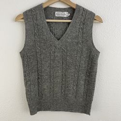 Vintage 90s Dark Grey Pure Lambswool Cable Knit V Neck Sleeveless Sweater Vest