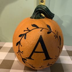New Resin Pumpkin W/carved Letter A & Leave Design, Almost 8 Inches Tall