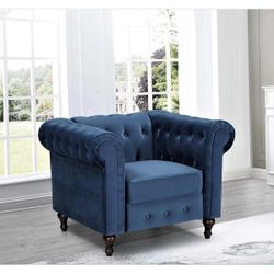 Modern Velvet Tufted Accent Sofa Couch Chair with Scroll Arms and Nailhead. (Blue)