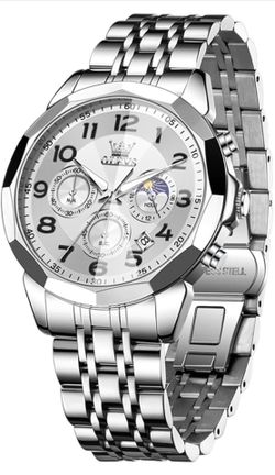 Brandnew Silver Watch for Men Luxury Stainless Steel Big Face Dress Analog Quartz Simple Easy Read Mens Watches Moon Phase Chronograph Waterproof