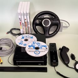 Black Nintendo Wii With Mario Kart , Racing Wheel And More!