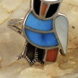 Multi stone Inlay Sterling Silver Owl Ring