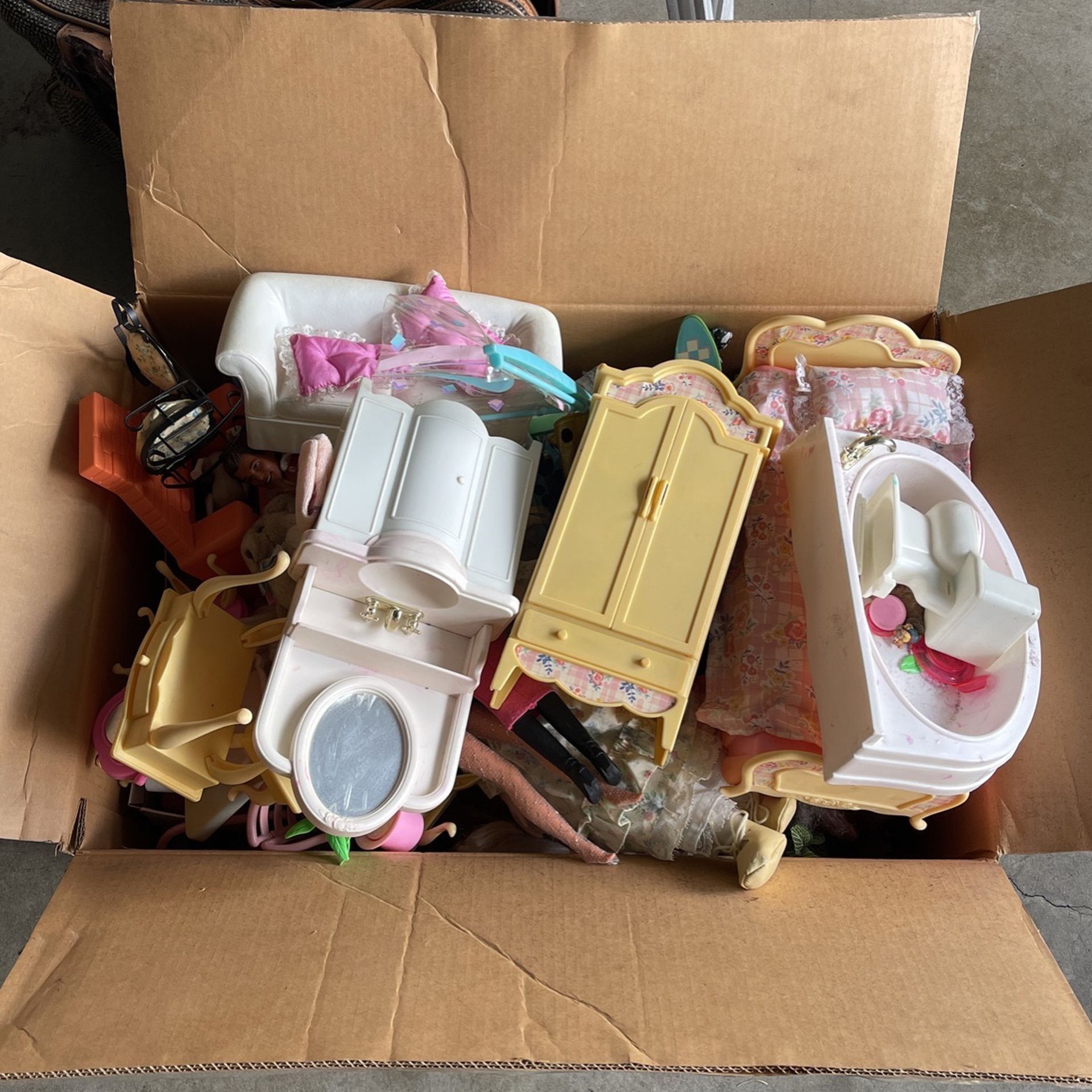 Big Box of Old Barbies Stuff And Two Porcelain Dolls