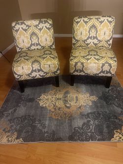 Pair of Patterned Upholstered Accent Chairs with Floral Rug Combo