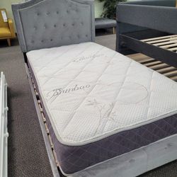Brand New Twin Size Grey Velvet Platform Bed +Mattress 