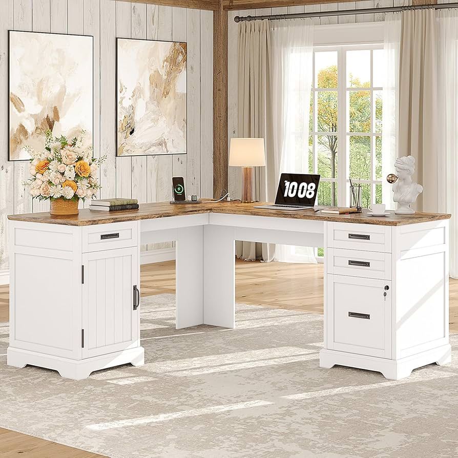 Farmhouse L Shaped Desk with Drawers, 67 Inch Executive Home Office Desk with File Cabinet, Computer Corner Desk with Charging Station, White