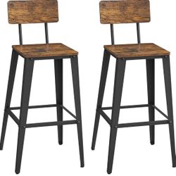 Set of 2 Bar Stools, Bar Height Stools, Tall Bar Stools with Back, Bar Chairs, Steel Frame, Industrial Style, Easy Assembly, Rustic Brown and Black UL